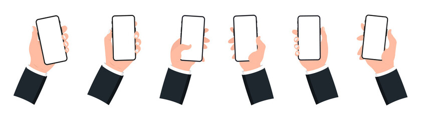 Poster - Hand holding smart phone with blank screen on white background. Mobile Phone. Black smartphones with blank screen. Flat style. Set Application Template illustration of a smartphone with white screen