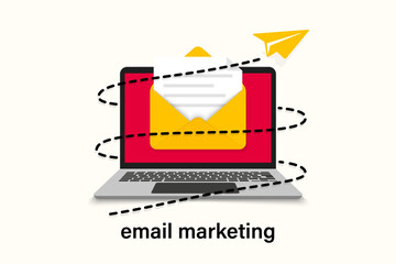 Poster - Concept of E-mail Marketing design campaign. Sending emails from your computer. Email marketing campaign. Banner newsletter marketing. Email envelope on laptop screen. Sending emails to subscribers
