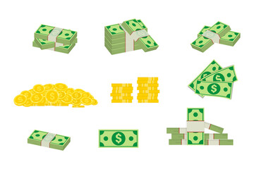 Aufkleber - Set a various money bills dollar cash paper bank notes and gold coins. Big pile of cash money and some gold coins. Packed dollar bills. Image elements fo your business. Different banknotes