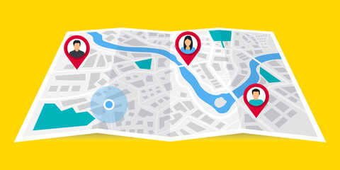 Poster - GPS navigator. The concept shares its geolocation with others. Search by geolocation. Tracking the location of a person using a phone. Maps navigation with point markers. Friends locations