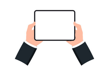 Poster - Hands holding black tablet with blank screen on white background. Human hand using digital tablet and finger touch screen. Template Mockup tablet pc with blank screen. Design for web site, mobile app
