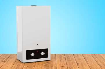 Poster - home gas boiler, water heater on the wooden planks, 3d rendering