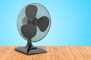 Poster - table fan on the wooden planks, 3d rendering