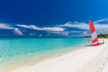 Wall Mural - White sandy beach in Maldives with amazing blue lagoon