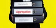 Aggregation. Man carries stack of folders. File folders with text label. Background yellow.