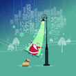 Magic silent night. Cute Santa Claus with gifts is having good time swinging in a cone of light. Big city behind him. Seasons Greetings concept. Vector illustration.