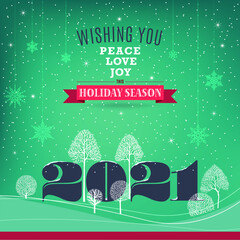 Wall Mural - Peace, love, joy. Big 2021 stands between white bare trees. Vintage style Holidays greeting card. Vector illustration.