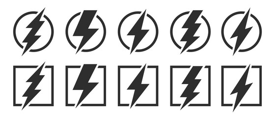 Poster - lightning bolt icons set. circles and squares. energy and thunder symbol. lightning strike vector ic