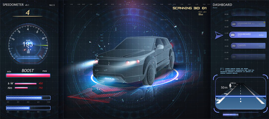 Aufkleber - Hologram Auto in HUD UI style. Futuristic car service, scanning and auto data analysis. Virtual car dashboard concept. Futuristic auto in style low poly, wireframe in line. diagnostics in the HUD, GUI