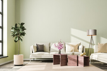 Wall Mural - Interior scene: living room with a sofa in a loft building. Carpet on stone floor, floor lamp, fig tree and vase with cherry blossoms. 3d render