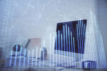 Double exposure of stock market graph drawing and office interior background. Concept of financial analysis.