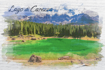 Wall Mural - carezza lake in summer, dolomites, italy, watercolor painting