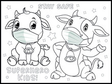 Cute Animals Wearing Face Masks. Coloring Page- Black And White Vector Illustration.