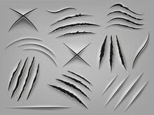 Realistic Claw Scratch. Paper Cut And Scratch Animal Claw, Rough Holes In Flat Surface, Fabric Or Paper. Animal Paw Marks Vector Illustrations. Beast Attack Marks As Cat, Dog, Tiger Or Lion