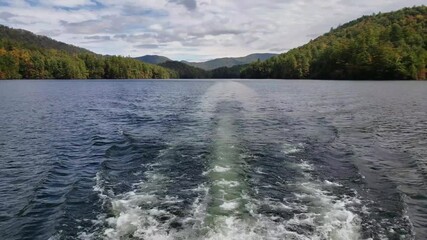 Wall Mural - Colorful Lake Santeetlah lakeshore in North Carolina in autumn coloration from boat 4K.