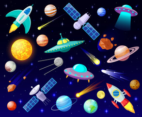 Wall Mural - cartoon open space. planets, cosmic celestial bodies, rockets, spaceships and ufo, astronomy stars, 