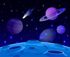 cartoon space landscape. cosmic planet surface, futuristic celestial bodies landscape, galaxy stars 