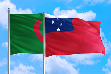 Samoa and Algeria national flag waving in the windy deep blue sky. Diplomacy and international relations concept.