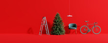 Creative Composition. Christmas Tree With Stair, Chair, Bicycle, Lamp On Red Background. Christmas Interior Concept. 3d Rendering