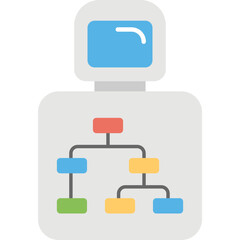 Poster - 
A robot with a presentation of network structure on it, flat icon of robot network
