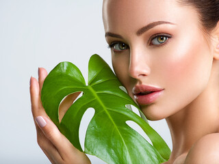 Wall Mural - beautiful woman with green leave near face and body. closeup girl's face with green leave. skin care