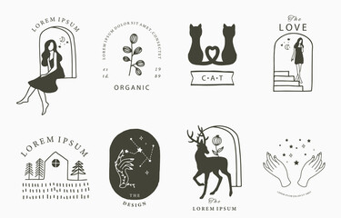 Beauty occult collection with woman,deer,cat,flower,house.Vector illustration for icon,sticker,printable and tattoo