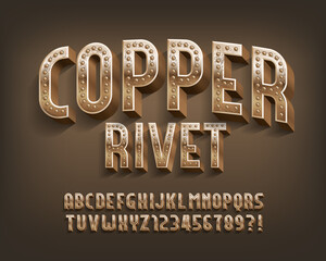 Poster - Copper Rivet alphabet font. Steampunk threadbare letters and numbers. Stock vector typescript for your design.
