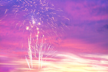 Wall Mural - Colorful of fireworks display on sky in the pastel background.