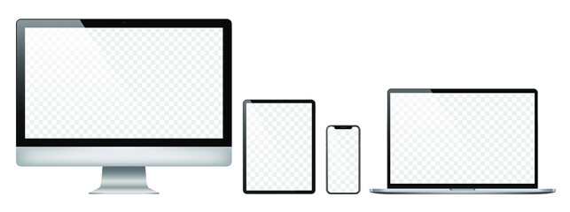 Realistic set of 2020 new design thin frame Computer monitor, laptop, tablet, smart phone - Eps 10 Vector template mock up.