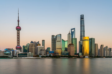 Sunset view of Lujiazui, the financial district in Shanghai, China.