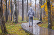 One young adult man in gray warm clothes slowly walking on wet wooden trail at natural park in rainy cold autumn evening. Spending time alone in nature. Peaceful atmosphere. Back view.