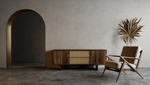 Modern Minimalistic Interior With Arch, Dresser, Lounge Chair And Decor. 3d Render Illustration Mockup.