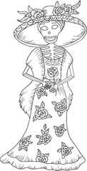 Wall Mural - Day of the dead catrina illustration. Hand drawn black outline sketch