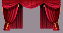 Velvet Curtain Isolated Decorative Stage Drapery Cloth Of Silk With Golden Tassels Ropes. Vector Luxury Cornice Decor, Domestic Fabric Interior Textile Labrecque. Theatre, Cinema Scenes Decorations