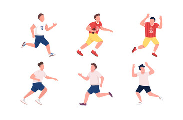 Poster - Football players flat color vector faceless character set. Athlete running. Man catch ball. Soccer, rugby team. Sportsmen isolated cartoon illustration for web graphic design and animation collection