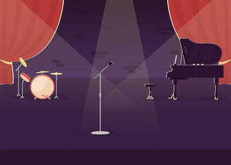 Jazz concert preparation flat color vector illustration. Live stage performance. Nightlife entertainment show. Empty music hall 2D cartoon interior with musical instruments on background