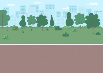 Poster - Park way flat color vector illustration. Parkway with lawn, walkway. Place for recreation. Downtown district with nature. Metropolis street 2D cartoon landscape with skyline on background
