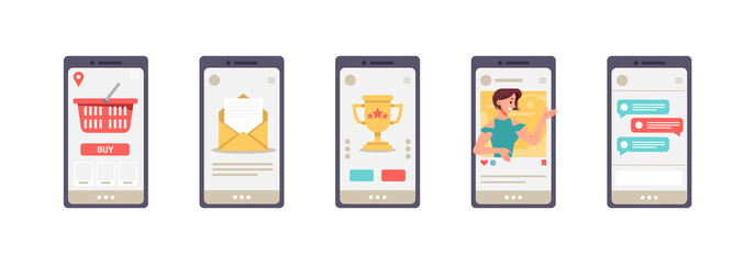 Poster - Everyday mobile apps on screen of smartphone. Isolated set of mobile phone icons showing shop webpage, mailbox and social media. Shopping and entertenting using gadgets, vector in flat style