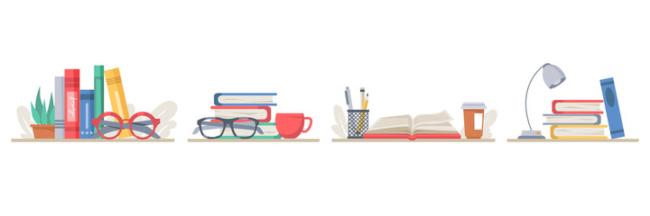Aufkleber - Books with school supplies, isolated set of stack of textbooks with lamps, coffee or tea cup. Pencils and pens for writing in diary. Table of student or pupil of college. Vector in flat style