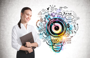 Poster - woman with folder, business idea sketch