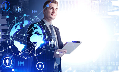 Poster - Man with tablet, social network interface