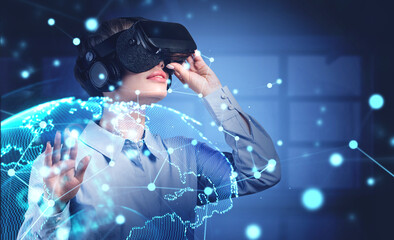 Poster - Woman in VR glasses in office, network interface