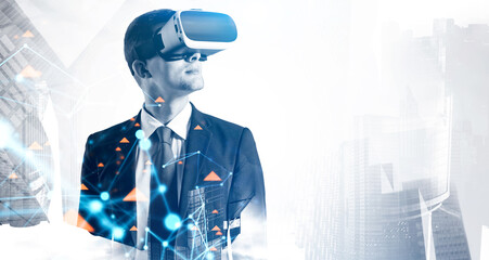 Poster - man in vr glasses in city and network interface