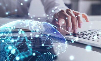 Poster - Woman hand typing on laptop, network interface