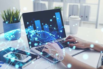 Poster - Woman typing on laptop, network interface