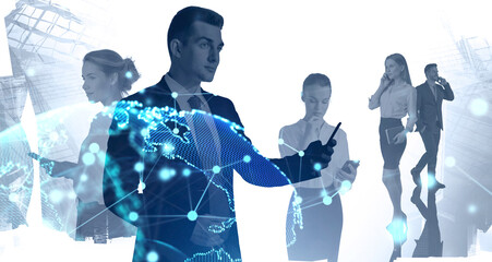 Poster - Business people in city, network interface