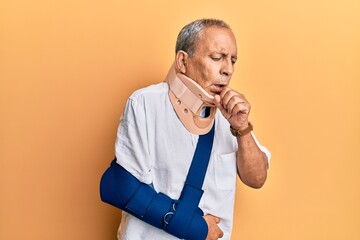 Poster - Handsome mature senior man wearing cervical collar and arm on sling feeling unwell and coughing as symptom for cold or bronchitis. health care concept.