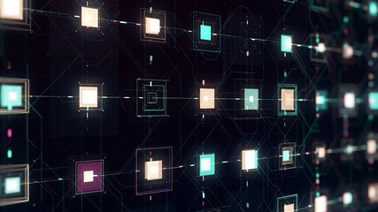 Poster - The movement and processing of data inside a server or computer. Animation. Electric impulses running inside computer circuit board, data procession.