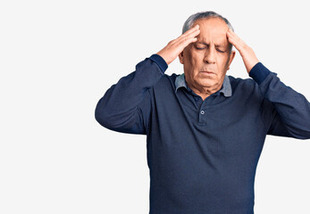 Canvas Print - Senior handsome man wearing casual polo with hand on head for pain in head because stress. suffering migraine.