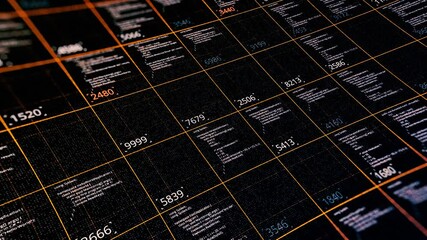 Aufkleber - Table of cryptocurrency stock exchange market data, seamless loop. Animation. Abstract informational background with flowing squares with some code details and numbers.